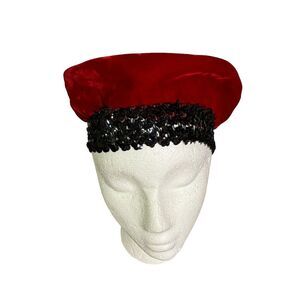 Amy New York Hat Womens Red Velvet‎ with Black Sequins Vintage Holidays Vintage